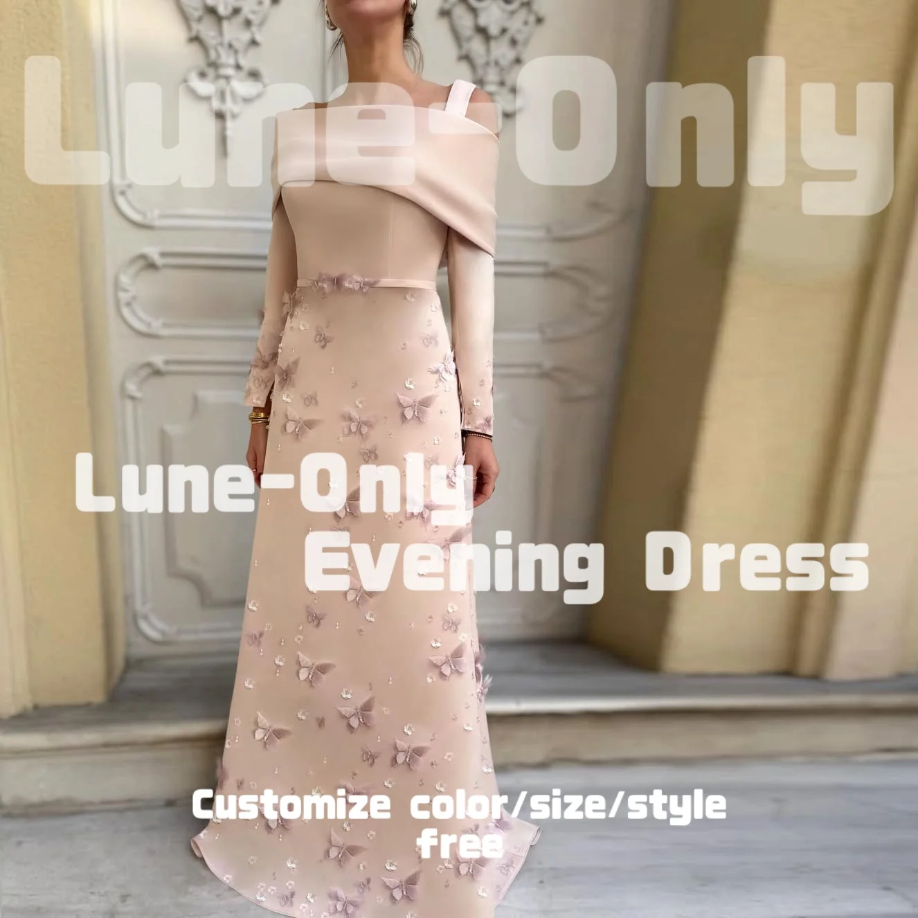 ชุดราตรีผู้หญิงแขนยาวปักลายผีเสื้อสุดหรูสำหรับงานพิธีการ ชุดราตรีทรงเอไลน์สำหรับงานพรอมและงานเลี้ยง