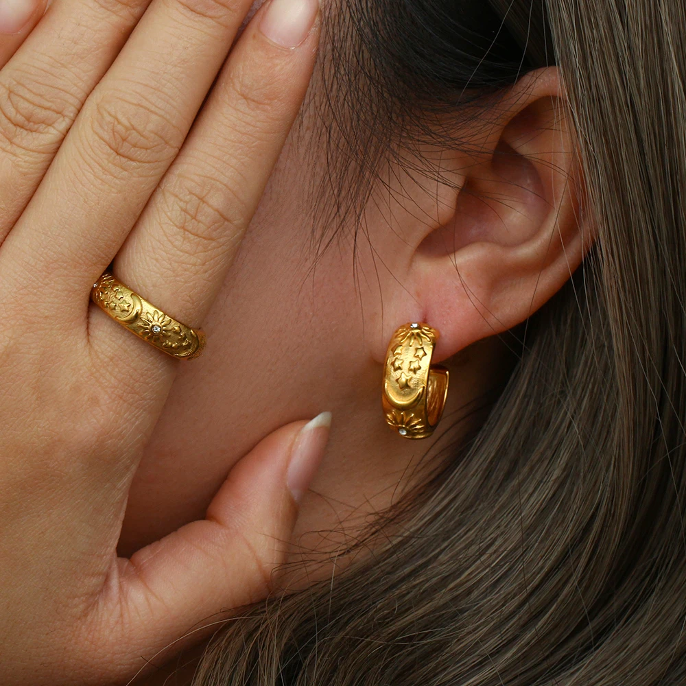 E.B.belle Classical Vintage Women Gold Plated Jewelry Set Chunky Statement Earring Rings India Dubai Gold Jewelry Accessories