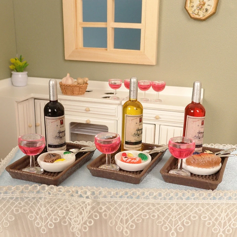 

1Set 1:12 Dollhouse Miniature Red Wine Beef Steak Tableware Kitchen Food Model Decor Toy Doll House Accessories