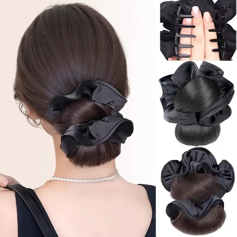 

Meatball head clip-on wig for women low-updo floral bud style updo wig fluffy back of head natural wig hairpiece