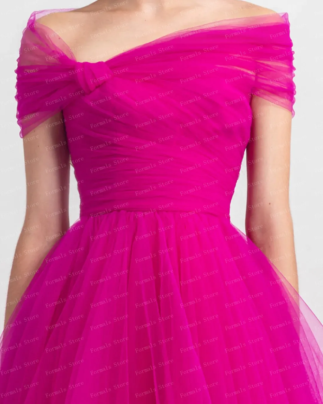 Off Shoulder Hot Pink A-line Tulle Dress Ankle Length High-low Evening Dresses Midi Long Prom Dress Custom Made Woman Clothes