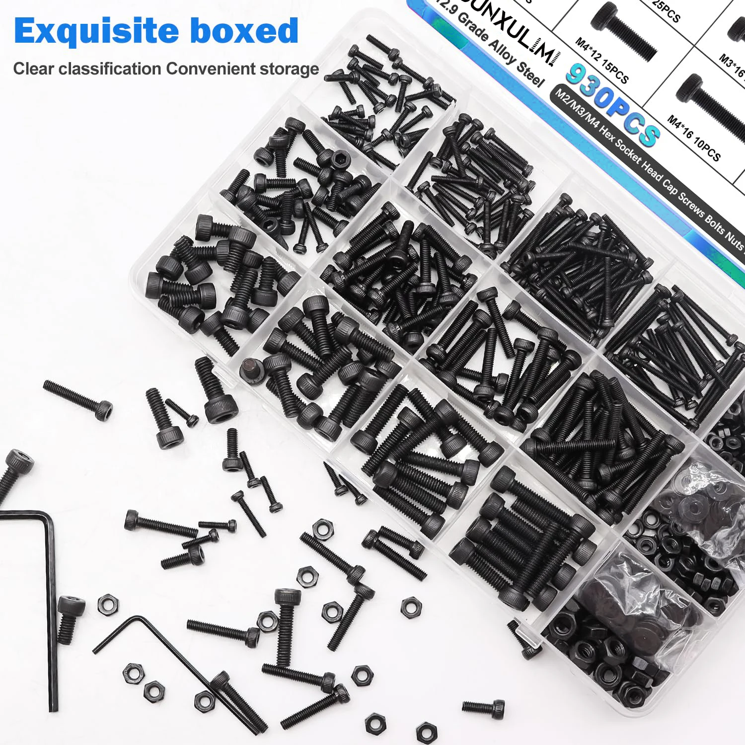

930 pieces of M2M3M4 metric screws, nuts and washers classified, 12.9 grade alloy steel, with 3 hex wrenches