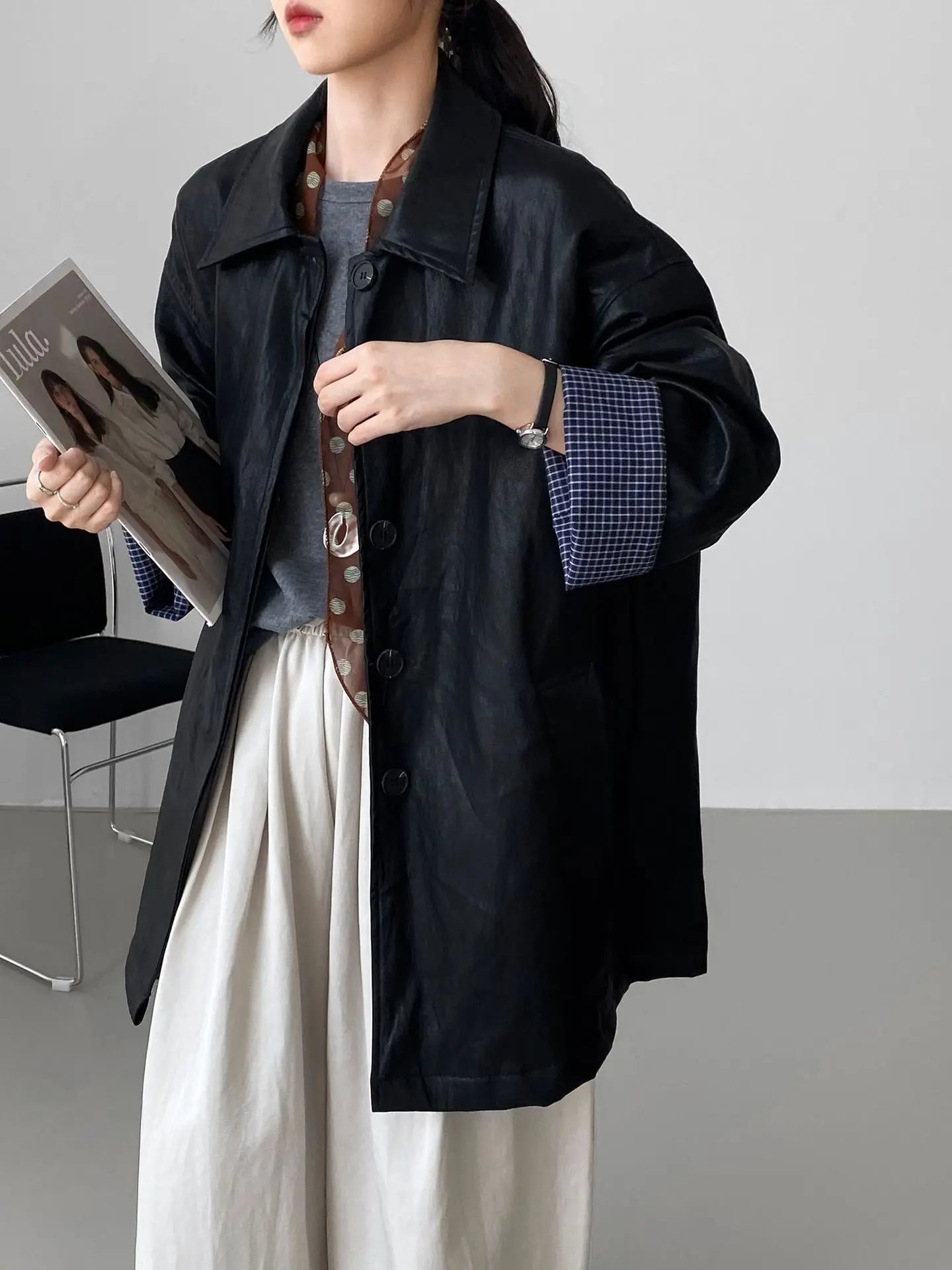 SuperAen rétro col Polo veste en cuir Pu femmes automne nouveau Style coréen mode décontracté Patchwork à manches longues manteau