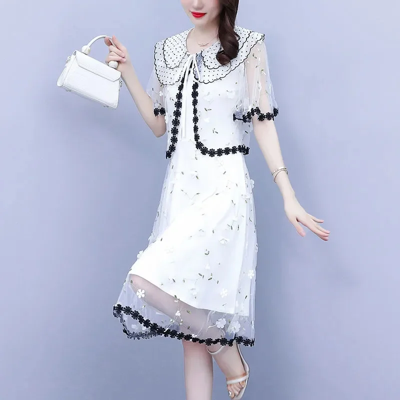 2024 Sunscreen Shirt, Floral Two-piece Suit Dress For Women\'s Summer New Chubby MM Super Fairy Doll Neck Embroidered Mesh Dress