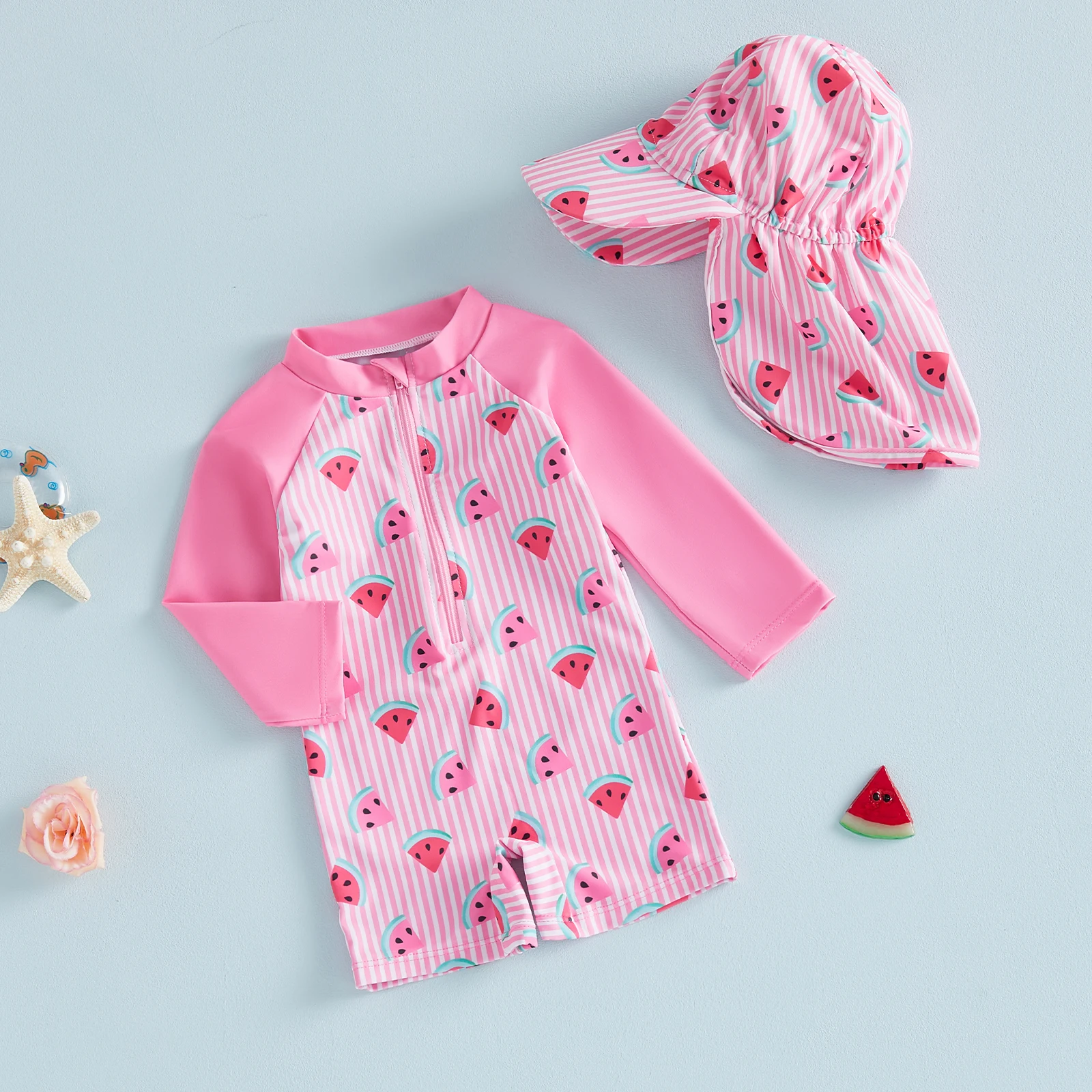 

Купальники-рашгарды для малышей, мальчиков и девочек, с принтом пчелы/арбуза/парусной лодки, в полоску, на молнии, с длинными рукавами, с шапочками