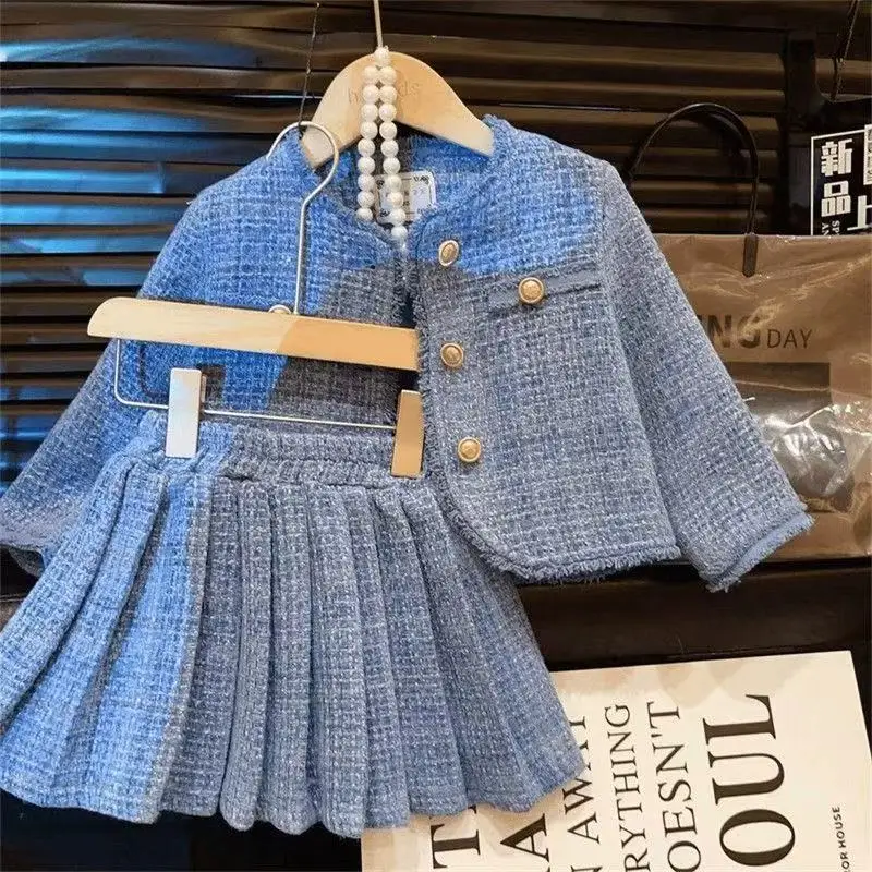 

Spring Autumn Girls 2PCS Outfit Set with Button Round Collar Overcoat And Pleated Skirt Cotton Blend Elegant Kid's Clothing for