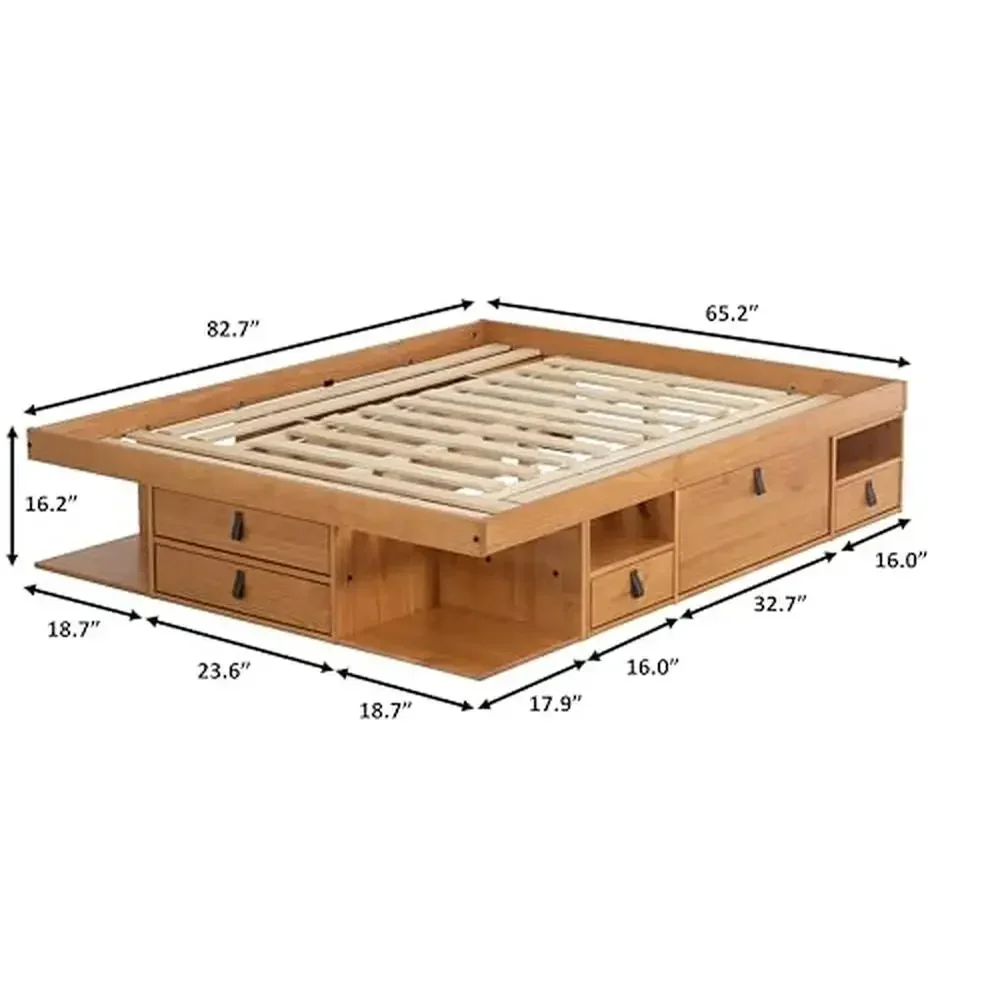 Bali Cama de almacenamiento tamaño Queen de roble con cajones y estantes, estructura de plataforma de madera maciza, 6 cajones y 4 estantes, fácil montaje, 880 lb