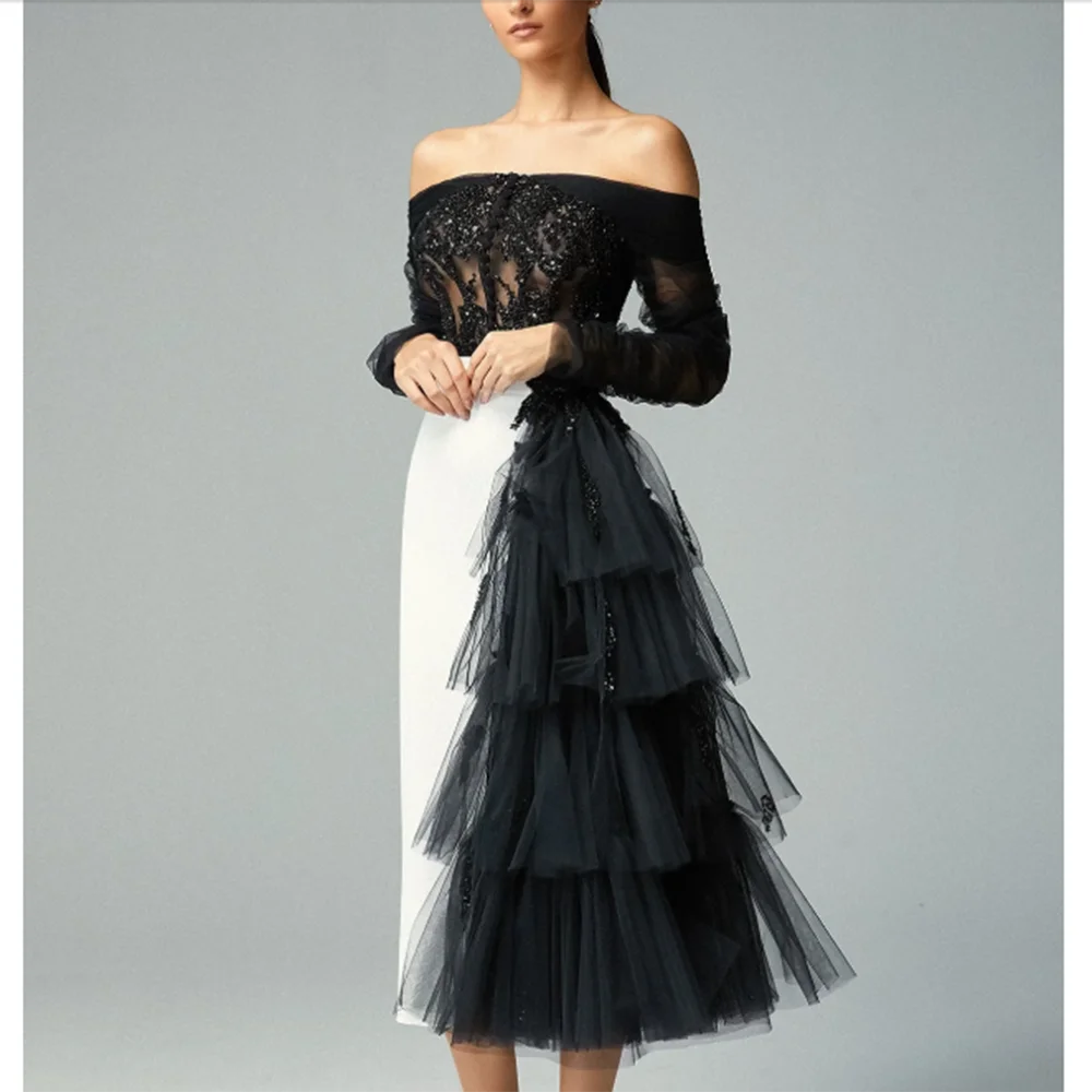 

Elegant Black Women Prom Dresses Off Shoulder Full Sleeves A-Line White Contrast High Quality Illusion Female Party Gowns