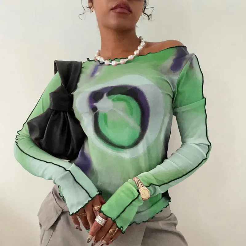 Women's Sheer Mesh Long Sleeve T-Shirt Retro Abstract Print Off Shoulder Slim Fit Y2K Fashion Top In Green