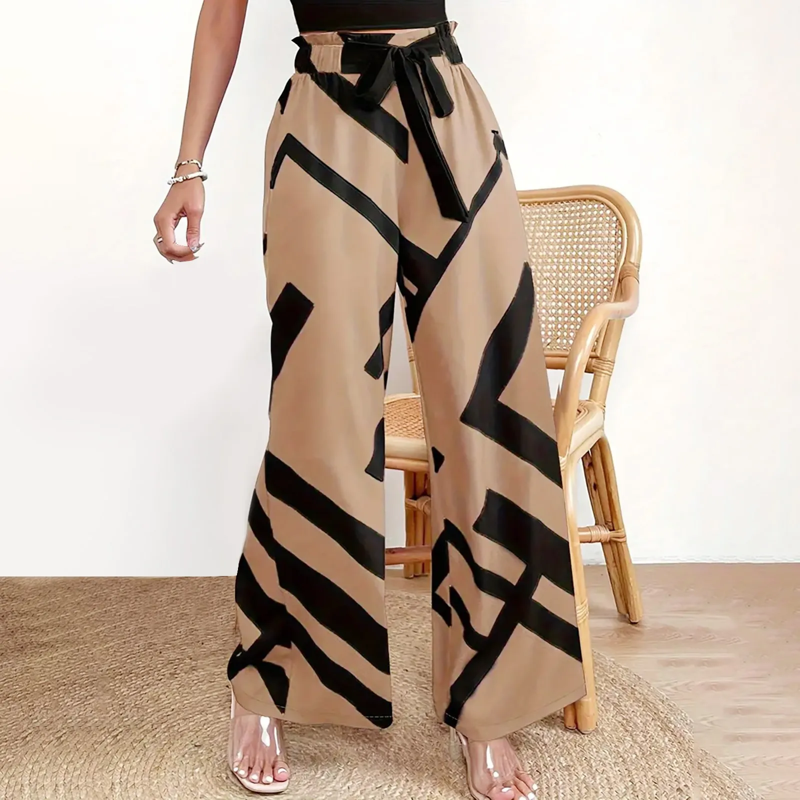 

Elegant Wide leg pants for women 2024 fashion striped print pantalones spring summer casual loose lace up Street clothing