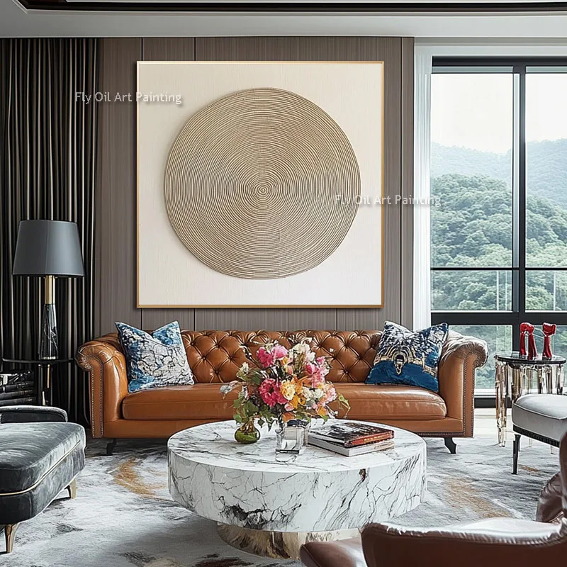 Golden Concentric Ring Wall Art, Luxury Textured Circle on Cream Background, Handmade Square Painting for Living Room Decoration