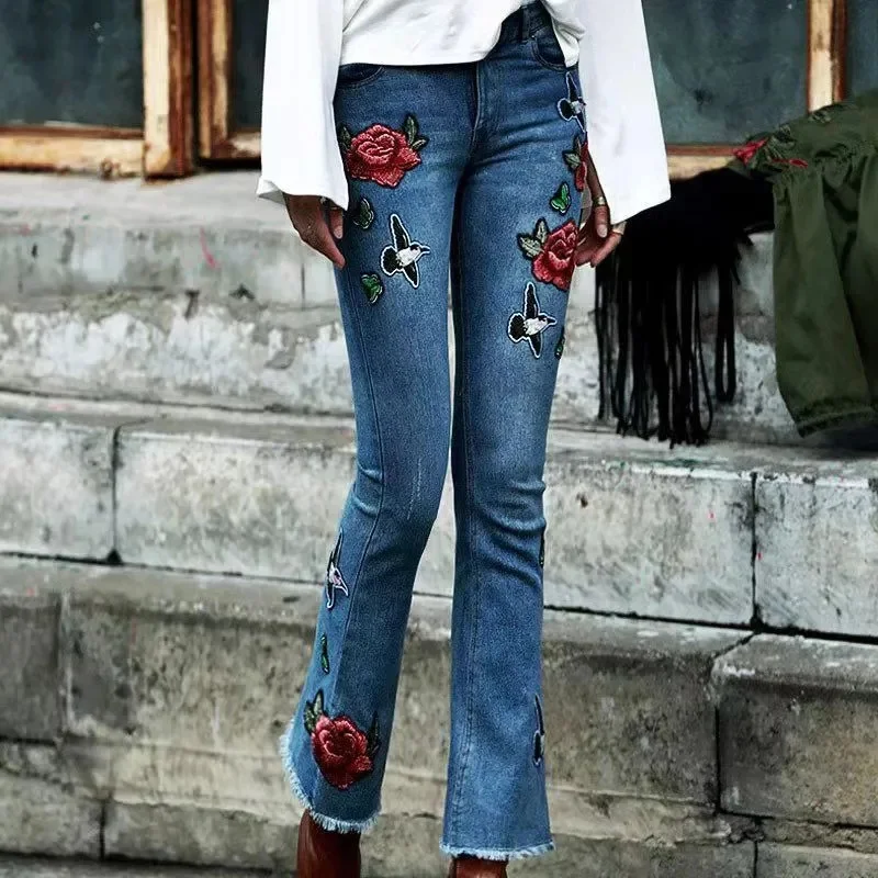 2024 Jeans Women's New Large-Size Embroidery Slim Elastic High-Waisted Denim Nine-Point Micro-Pants Female Denim Pants Tide