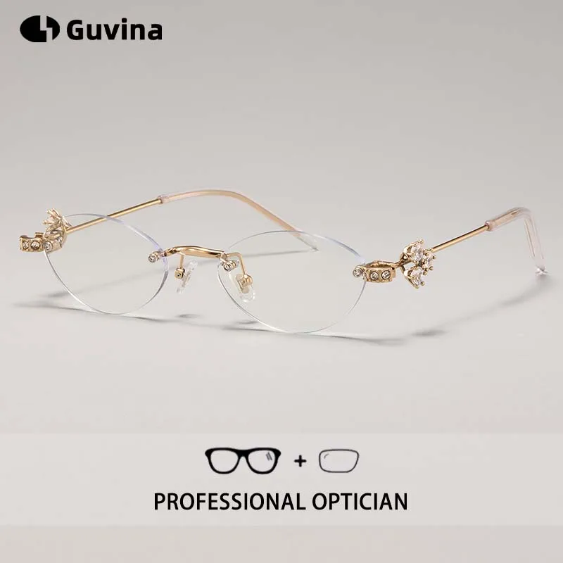 Oval Rimless Titanium Prescription Progressive Multifocal Eyewear Anti Blue Light Photochromic Diamond Temples GM Jewelry Series