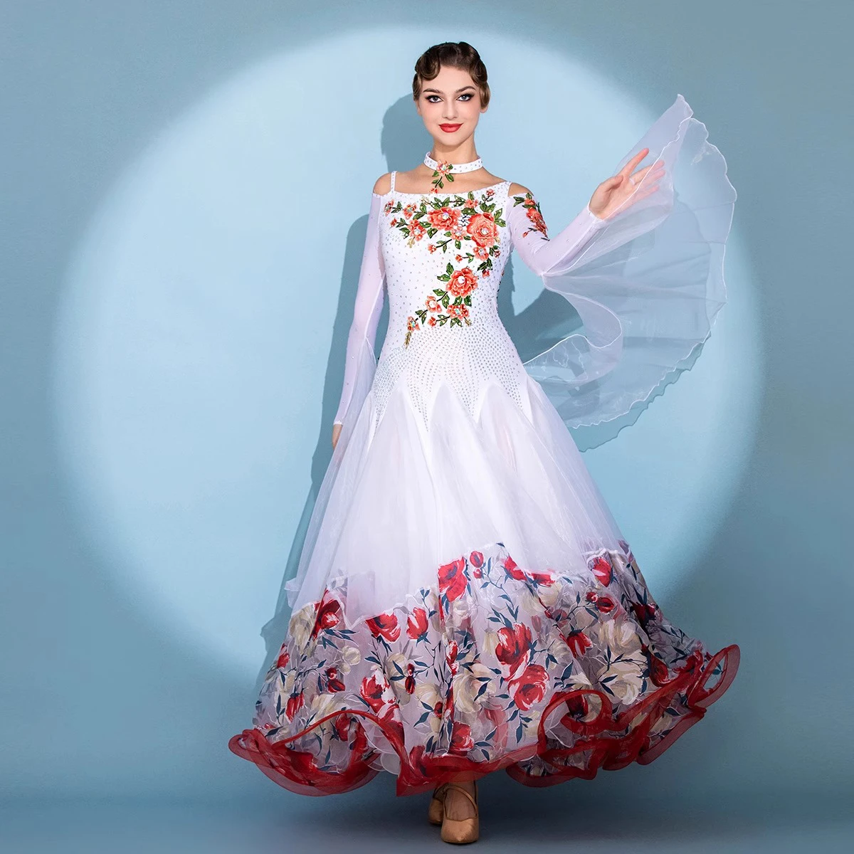Frauen Modern Dance Strass Farbvielfalt Rot Blumen Kleid Ballsaal National Standard Walzer Wettbewerb Leistung