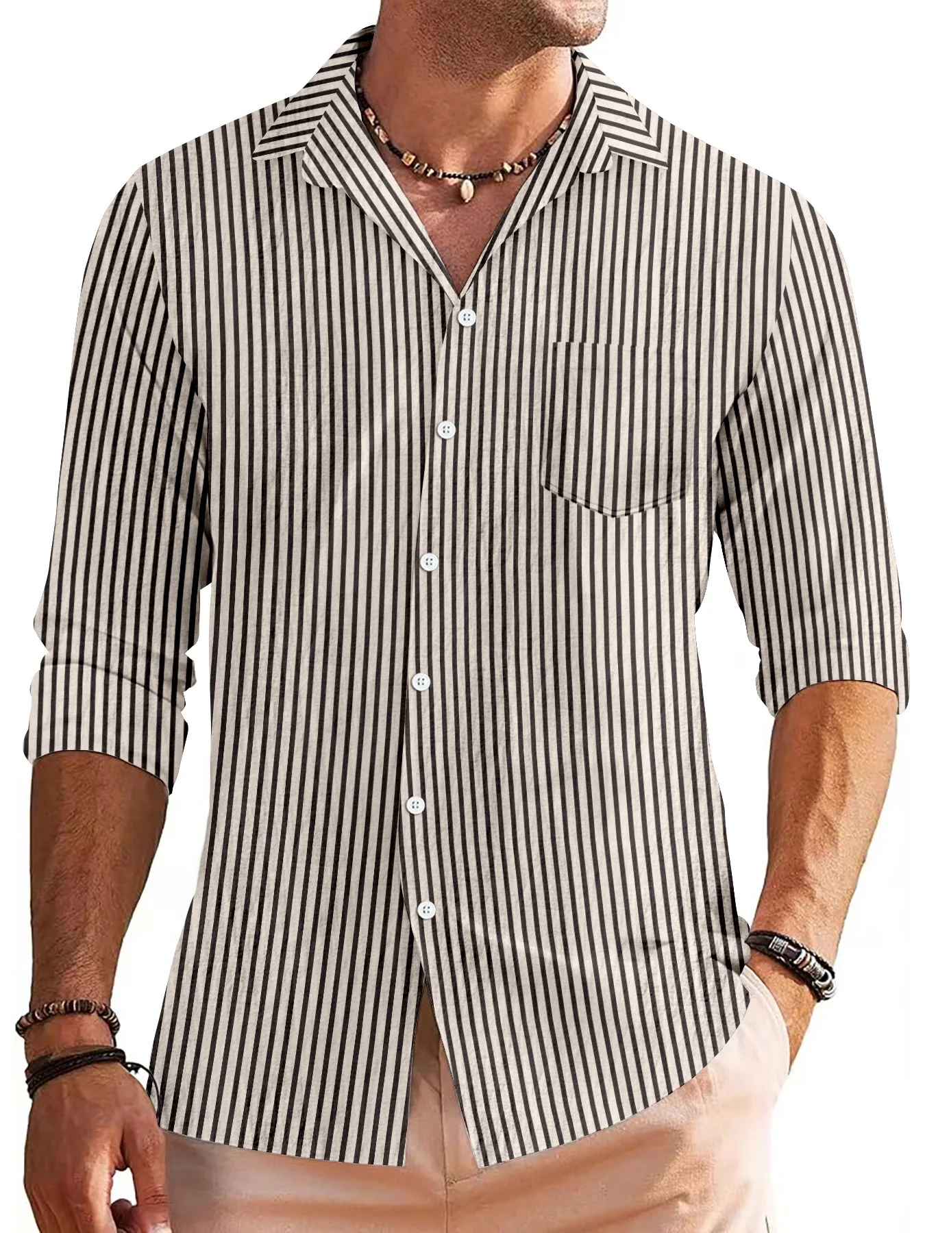 

Men's simple striped solid color Shirts spring and Autumn fashion casual daily home outdoor high street Long-sleeved lapel Tops