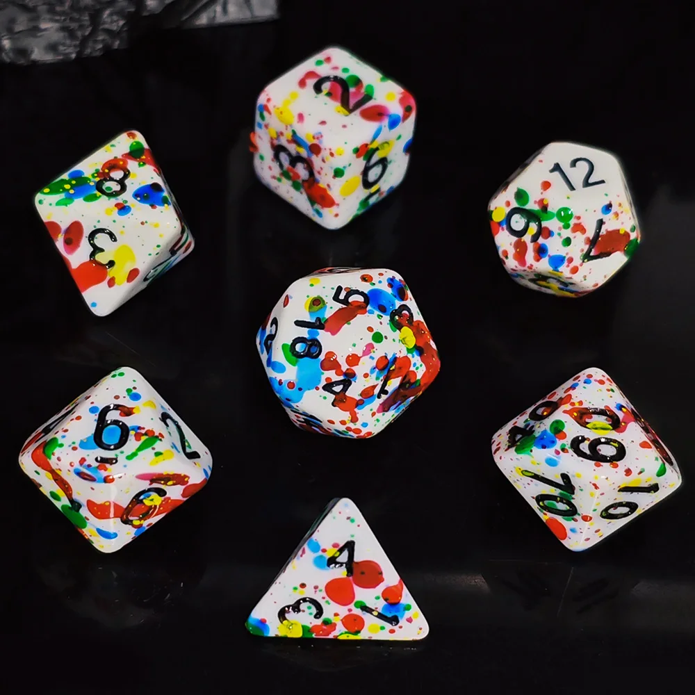 Paint Splatter Dice Set - 7PCS White with Colorful Splash Polyhedral Dice, Perfect for DND RPG & Tabletop Games