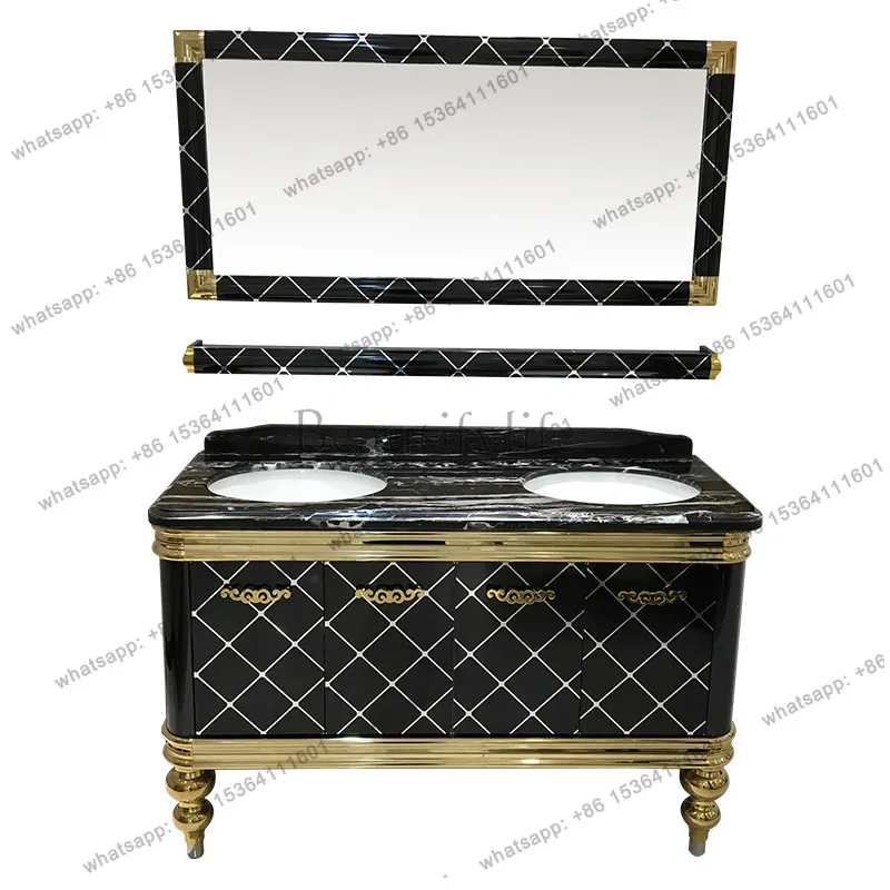 

Nordic light luxury bathroom cabinet combination stainless steel bathroom washbasin marble double basin floor cabinet