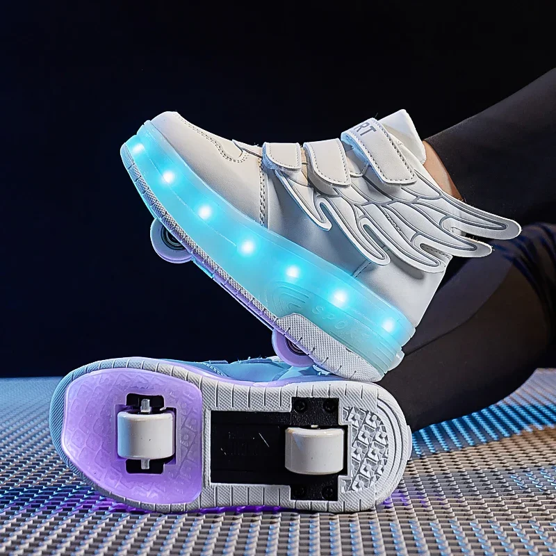 Children Roller Skate Casual Sport Shoes Girls Boys LED Charging Luminous Wings Shoes USB Colorful Light Shoes With Two Wheels