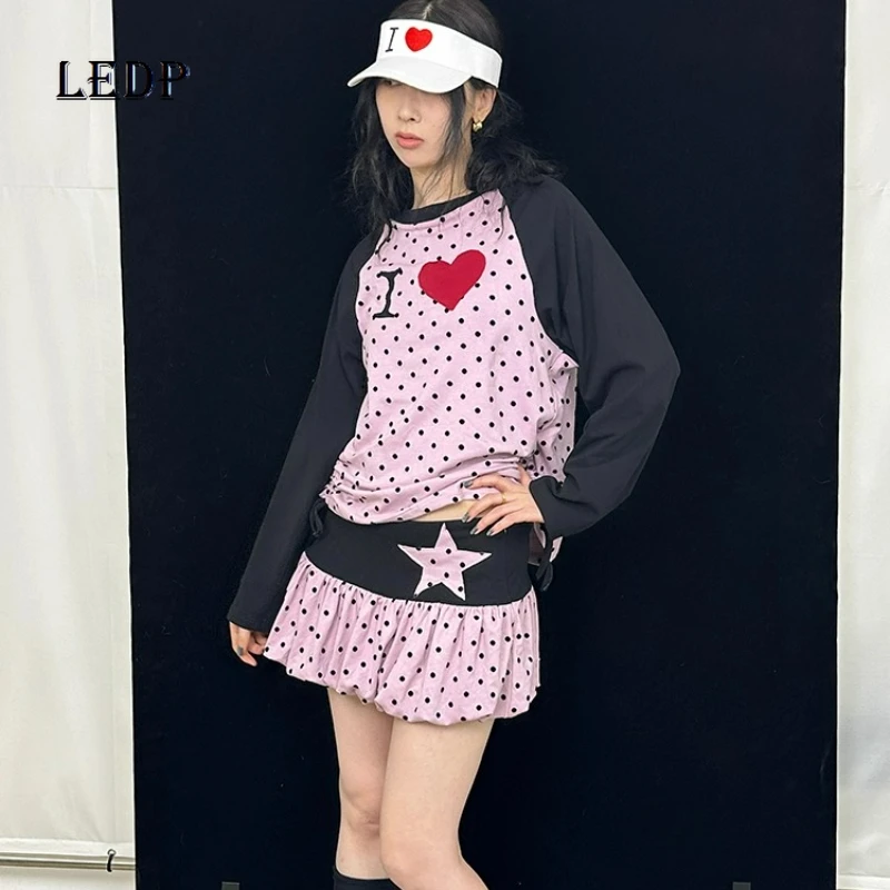 

Оригинальный дизайн, женский топ в горошек контрастного цвета с круглым вырезом и длинными рукавами, осенняя новая универсальная женская футболка