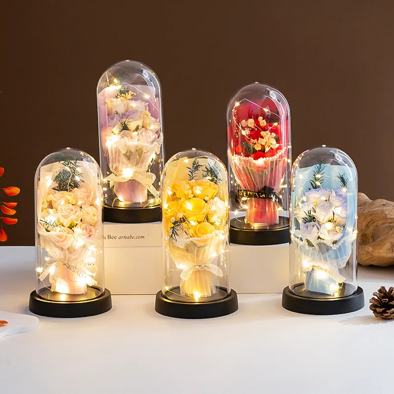 

Rose Hood with Light Rose Bouquet Gift Box Luminous Immortal Floral Soap Bouquet Teacher's Day Valentine's Day Decoration Gift