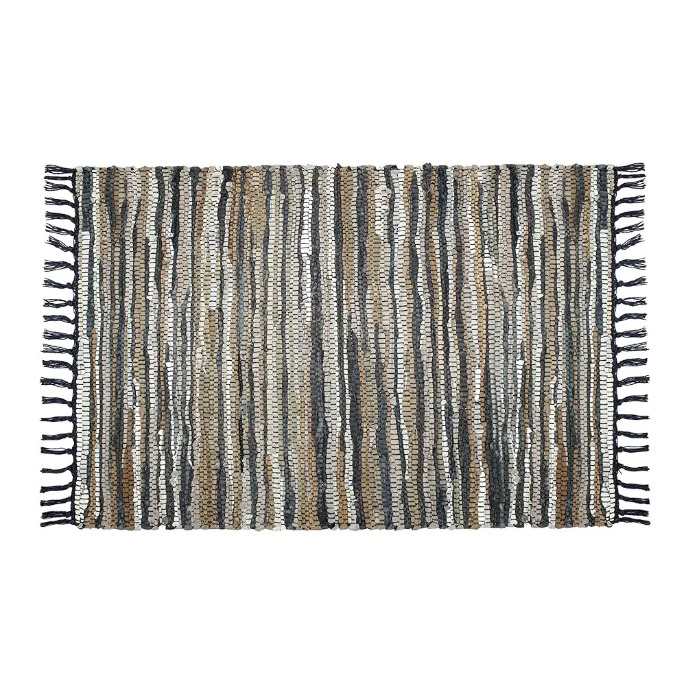 

Leather Chindi Area Rug - Boho Rustic Accent Rug - Neutral Handwoven Reversible Natural Organic Leather Throw Rug - Entryway