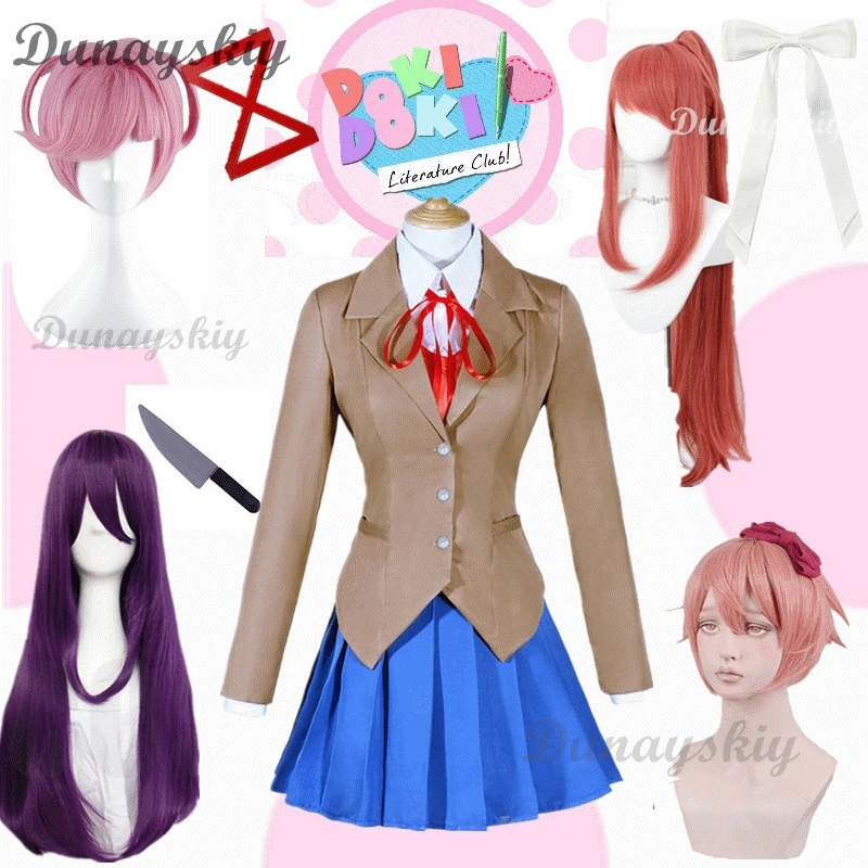 Game Doki Doki Literature Club Natsuki Cosplay Sayori Yuri Monika Cosplay Costume Wig Set School Uniform Girl Women Costumes