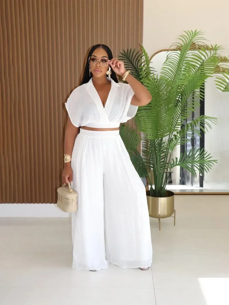 

Solid Loose Casual 2 Piece Set for Woman Outfit Summer Clothes Holiday Crop Top and Wide Leg Pants Matching Sets Jogging Femme