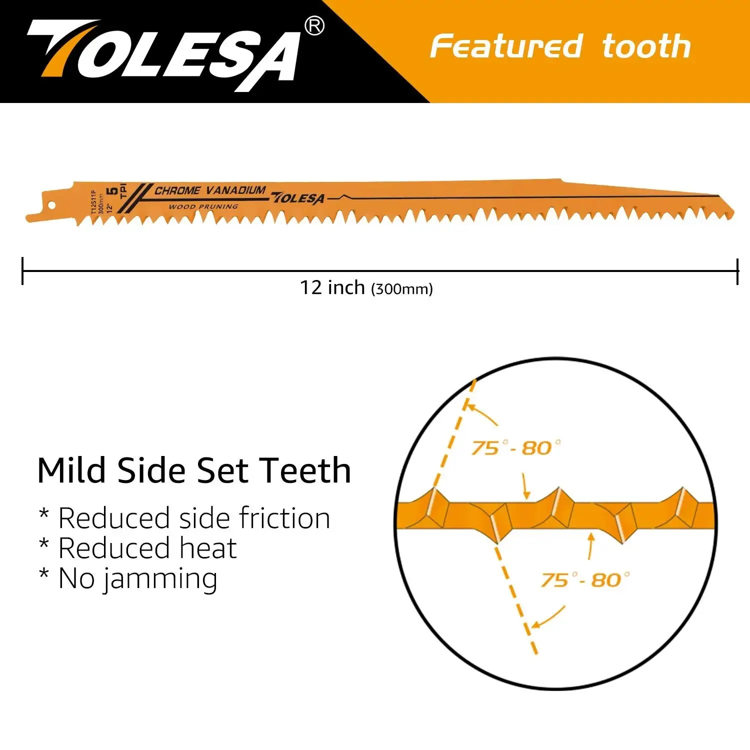 TOLESA 5PCS Wood Pruning Reciprocating Saw Blades 5 TPI Sawzall Blades Green Wood Construction Wood Cutting PVC Pipe Cutting CRV