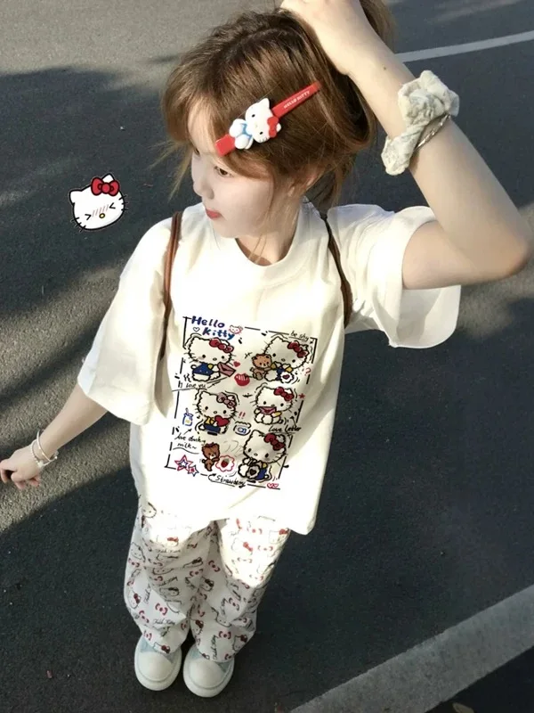 

Holly Kitty Cotton Short-sleeved T-shirt Women's Summer Loose College Style Cute Front and Back Printing Harajuku Simple
