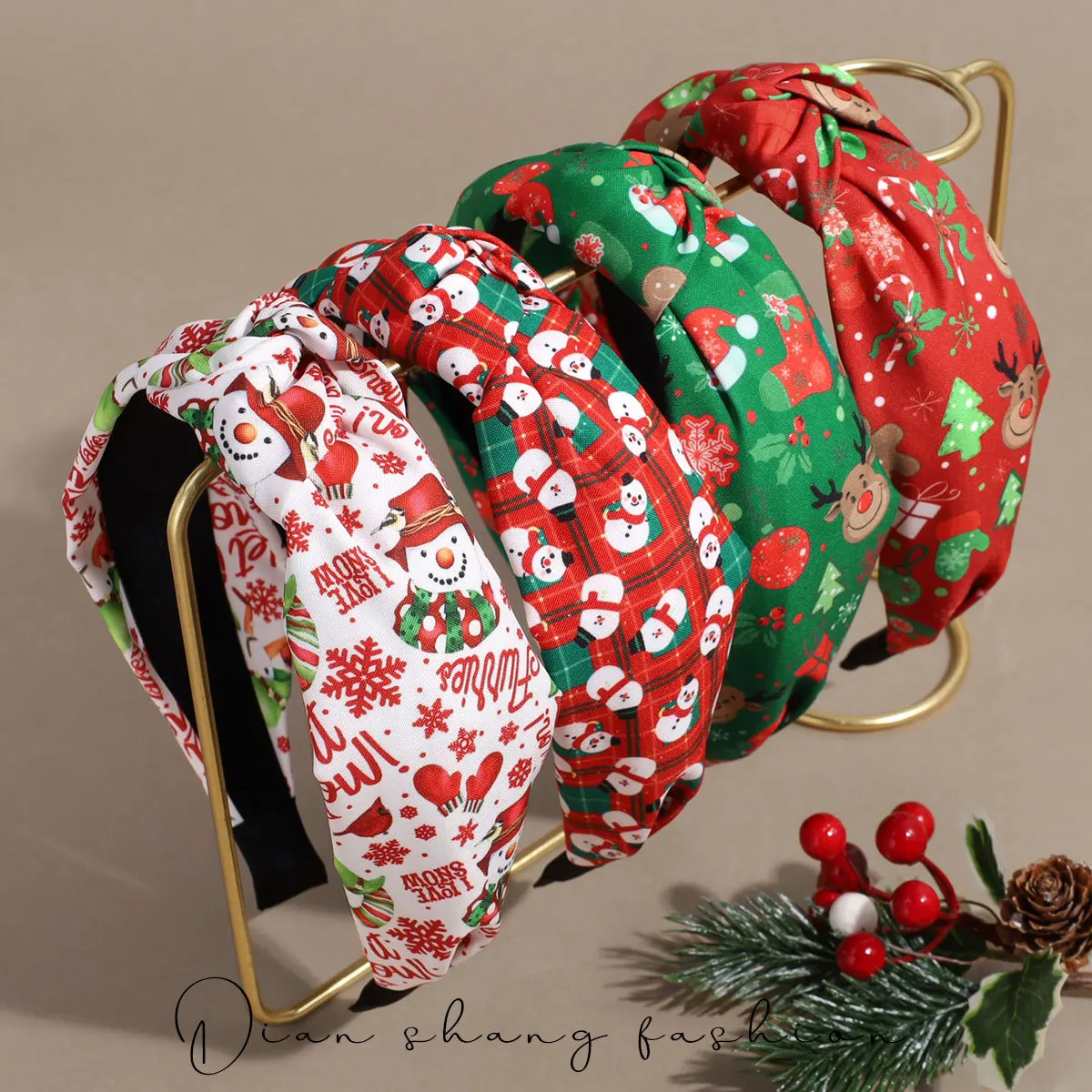 

New Christmas fabric knotted headband with checkered snowman and deer print wide edge hair bands holiday hair accessory