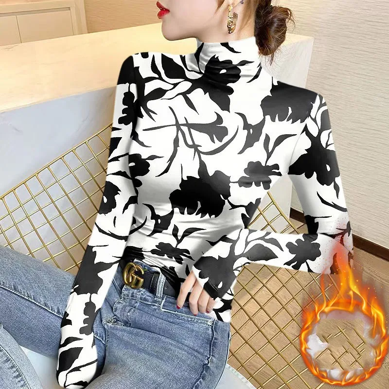 Women's Half High Collar Underlay Autumn and Winter New Fashion Color Locked Printing Long Sleeve Pullover T-shirt Slim Tops