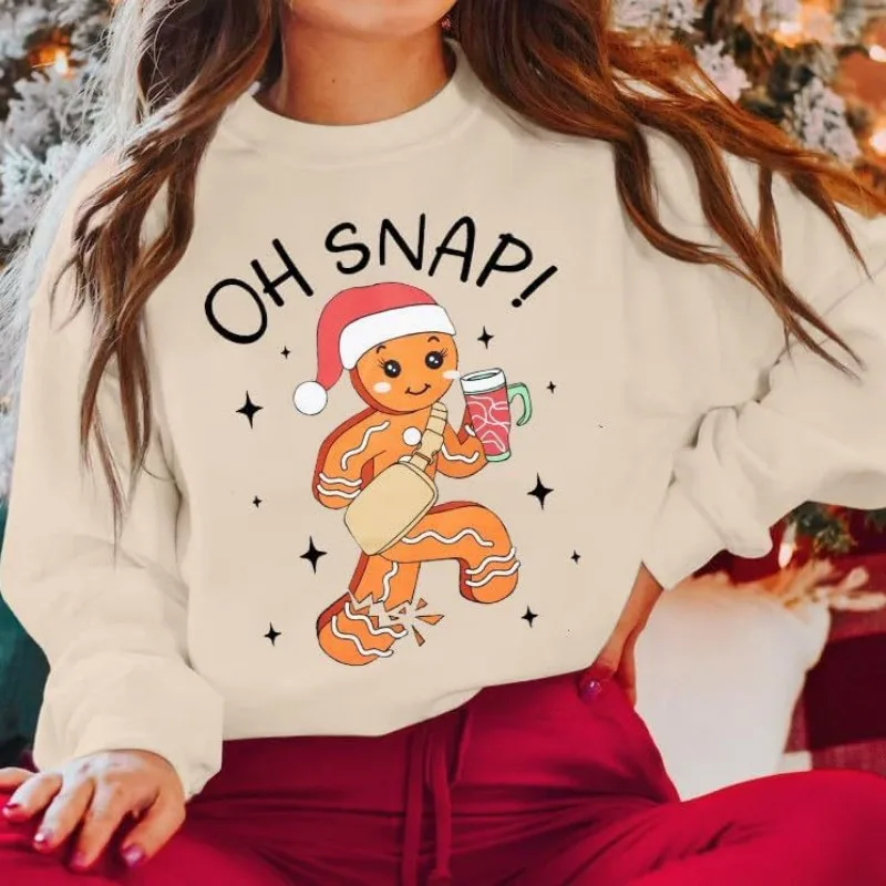 プリント入りプルオーバー長袖ラウンドネックテリーレディースクリスマススウェットシャツ