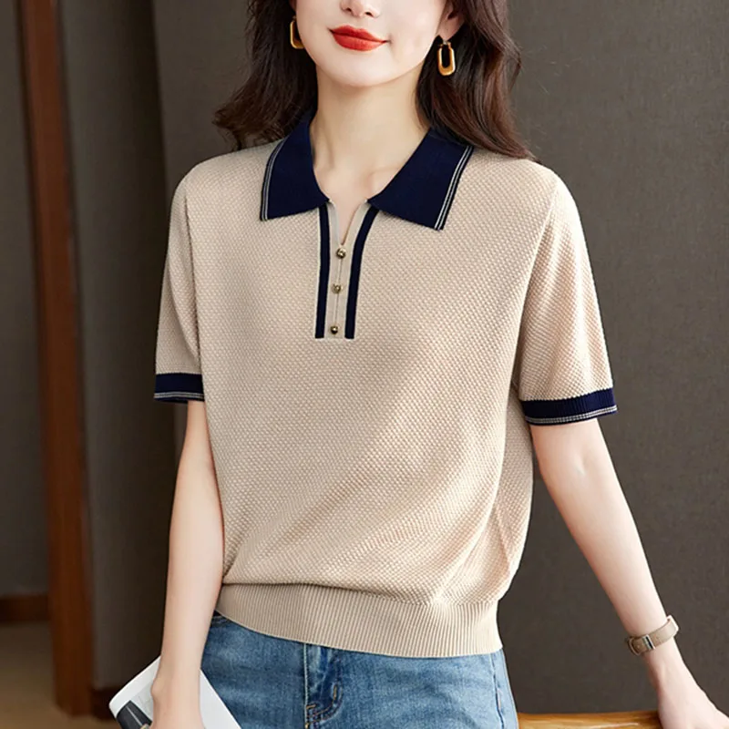 Feminino elegante contraste cor de malha pulôver turn down collar branco t camisas manga curta camisola topos feminino 2025 verão