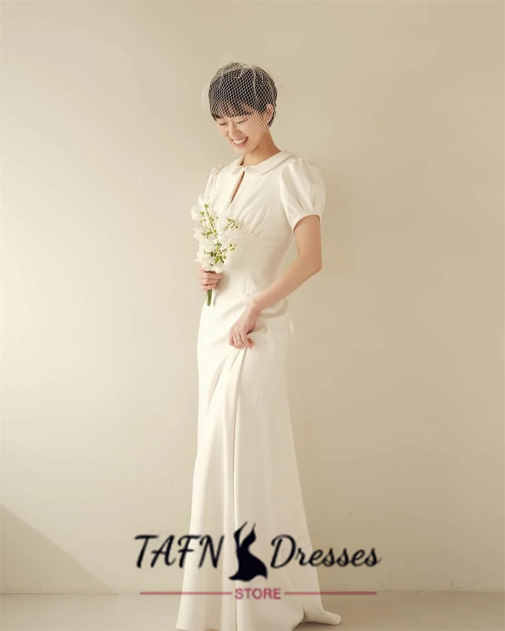 TAJoyKorea-Robe de Soirée Simple à Col Rond et Manches Courtes, Longueur au Sol, sur Mesure, pour Réception de Mariage