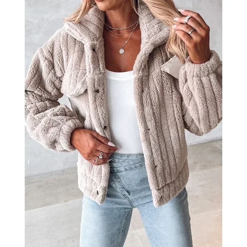 Giacca Teddy abbottonata con colletto rovesciato Y2K vestiti eleganti donna elegante inverno manica lunga peluche sciolto caldo cappotto spesso