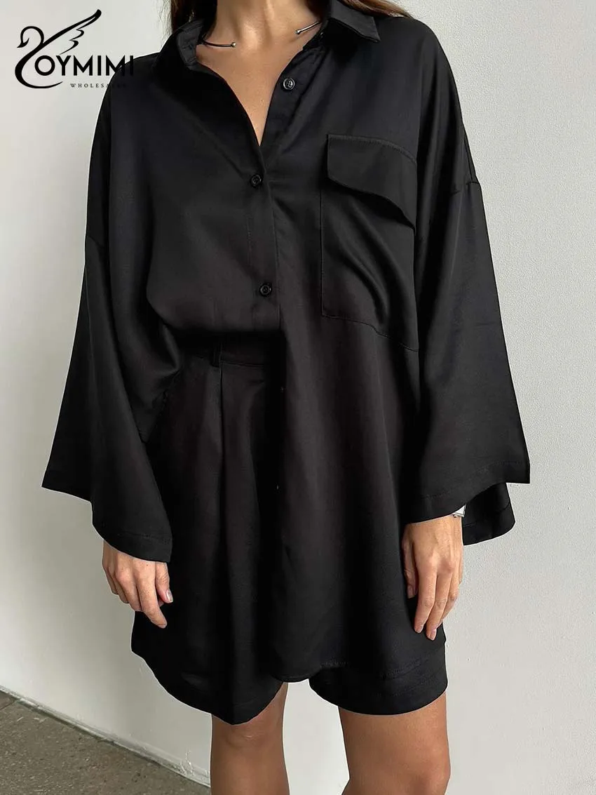 

Oymimi Casual Black Cotton Woman 2 Piece Set Outfit Fashion Pockets Long Sleeve Single Breasted Shirts And High Waist Shorts Set