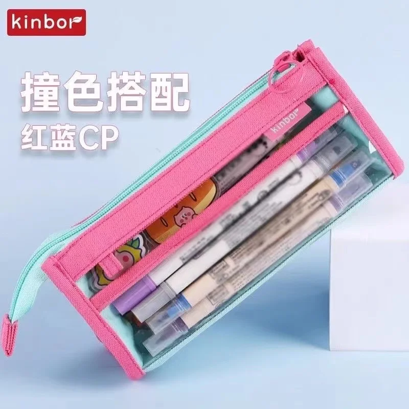 Kinbor Candy Color Pencil Case Three Layer Large Capacity Transparent Pencil Bag 2023 New School Student Stationery Storage Bag