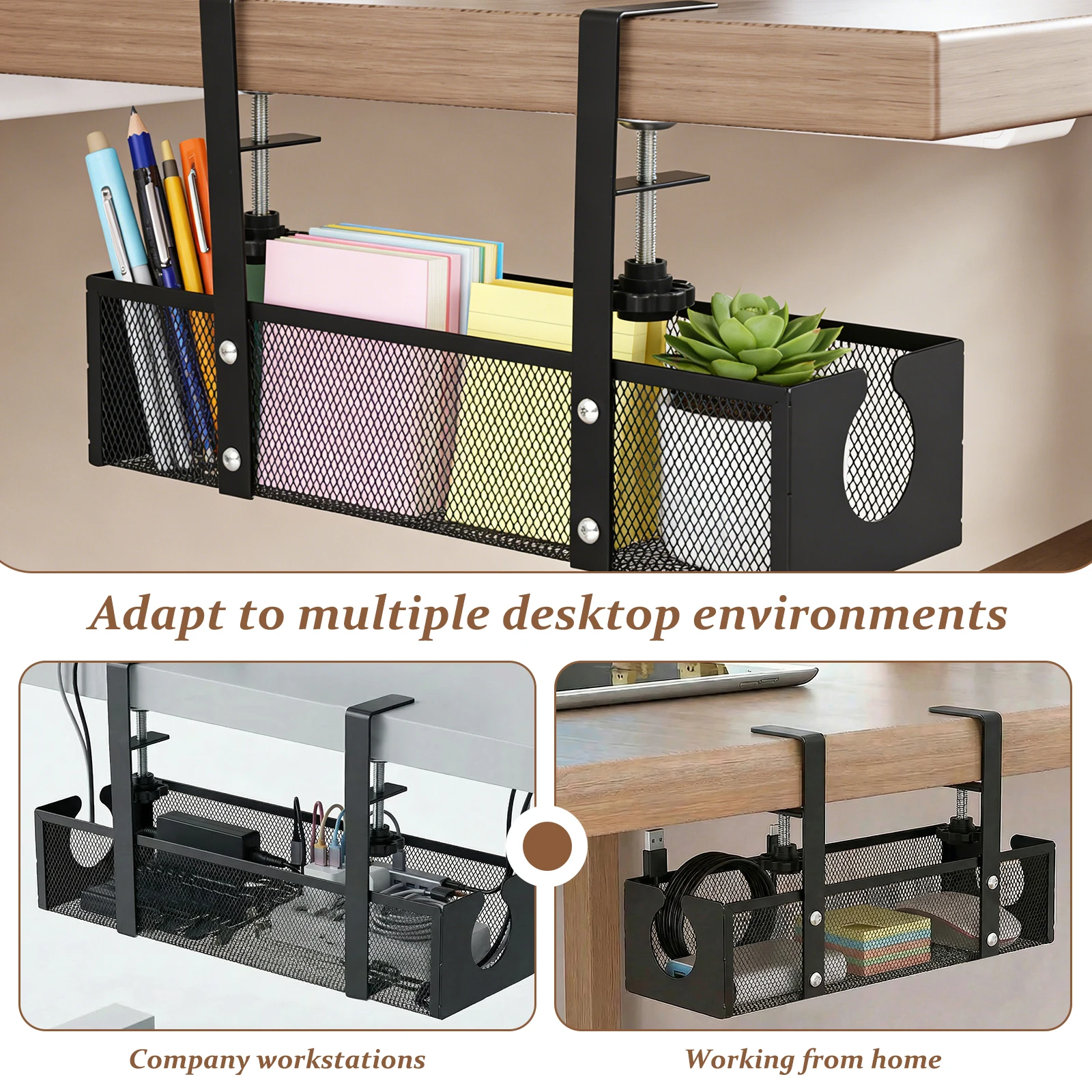 Under Desk Cable Management Tray Metal Hanging Office Desk Storage Basket No Drilling Cable Tray for Table Thickness up to 1.97" image 6