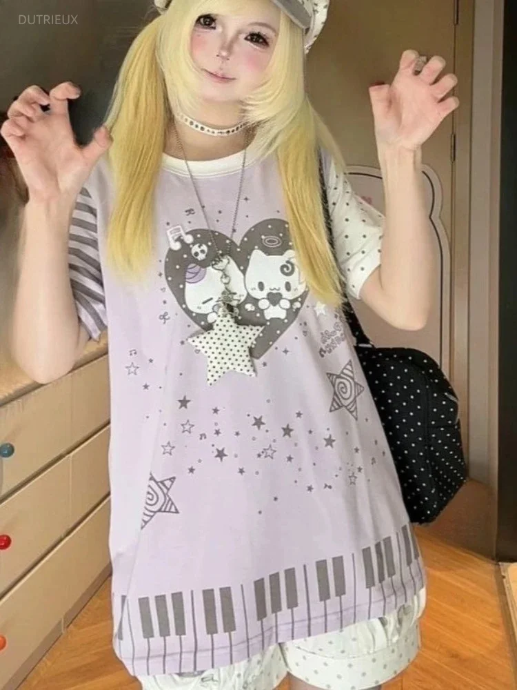 Y2k Aesthetics Cartoon Print Cute Casual T-shirt Women Harajuku Vintage Loose Tops Streetwear Stripes Patchwork Grunge Tshirts