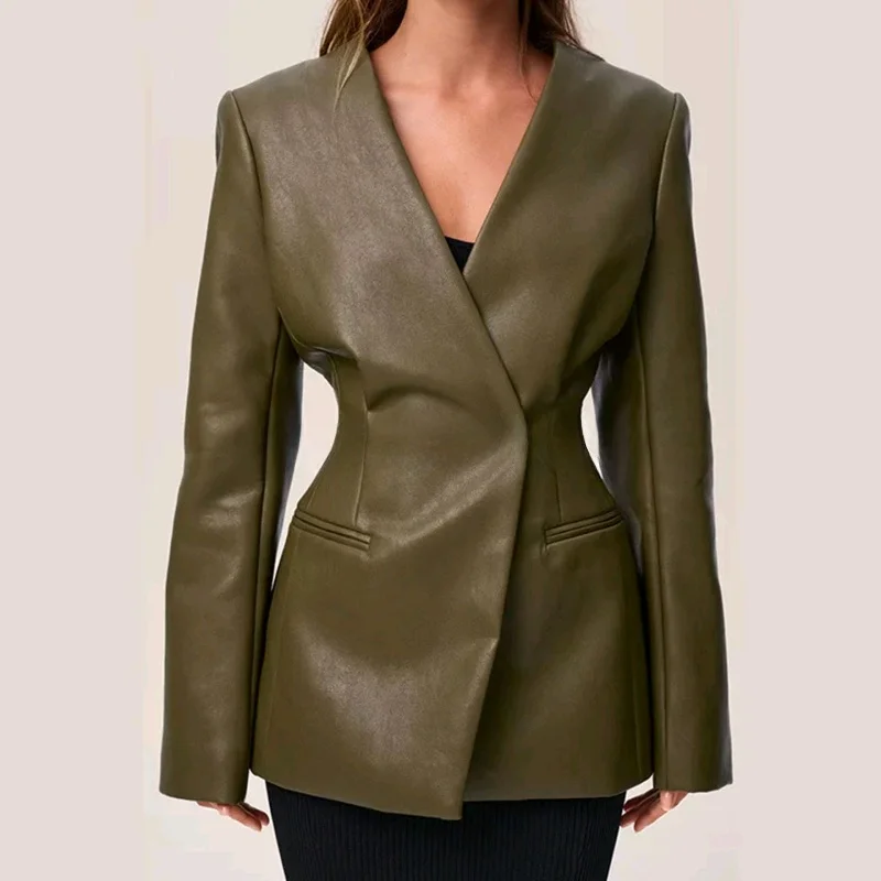 Cappotto slim fit V-Ne in pelle PU Jaet con un bottone ingombrante in vita Autunno Cappotto lungo da pendolarismo da donna nuovo