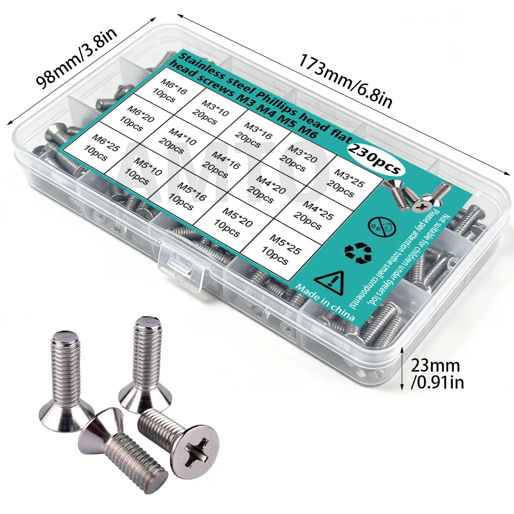 M3, M4, M5, M6 Stainless Steel Phillips Head Flat Head Machine Screws -10mm, 16mm, 20mm, 25mm, Countersunk Fully Threaded Screws