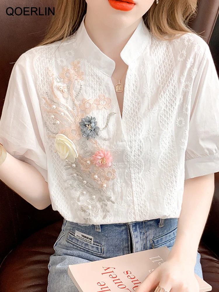 QOERLIN 3D Floral Shirts Women Vintage Embroidered Half Sleeve Loose Casual Lace White Shirts Female Hollow Out Tops Blouses