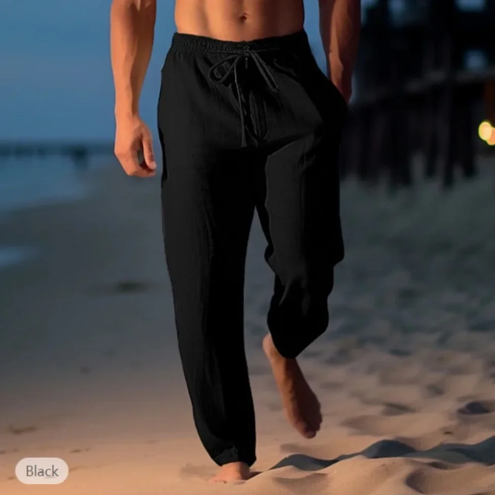 2025 New Men's Beach Pants Joggers Streetwear Cotton Linen Sweatpants Casual Pants Hawaiian Vacation Loose Summer Long