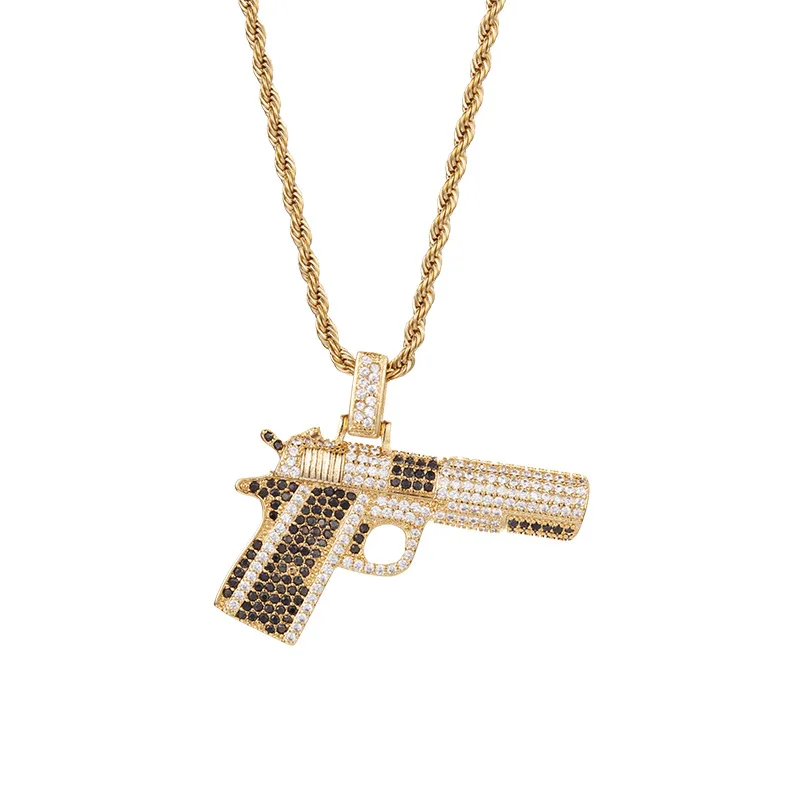 Hip Hop Micro Paved AAA Cubic Zirconia Bling Ice Out Automatic pistol Gun Pendants Necklaces for Men Rapper Jewelry Gold Color