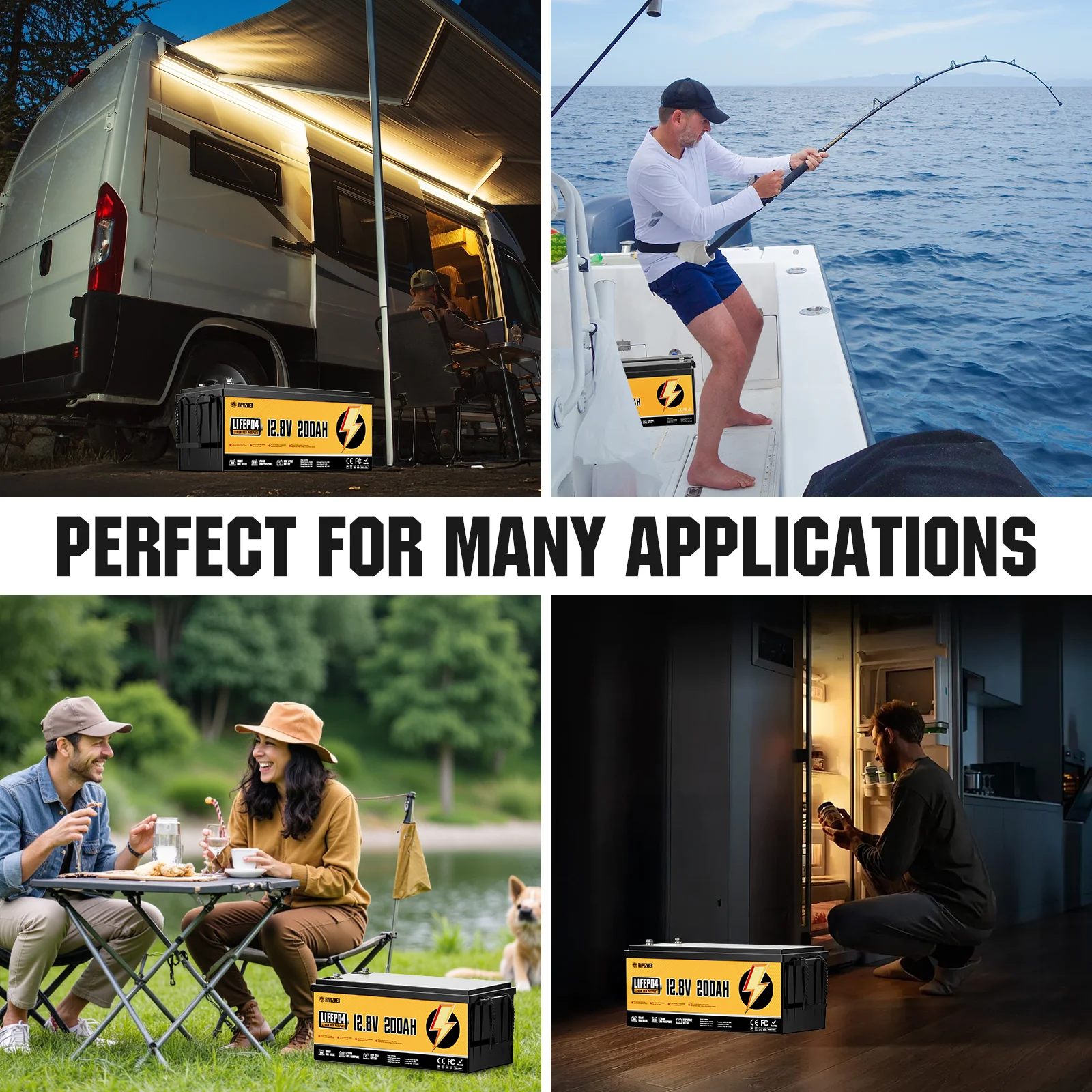 RVPOZWER LiFePO4 Lithium Iron Phosphate Energy Storage Battery, Built-in 200A Smart BMS Protection, 15000+ Deep Cycle Lifespan, Low Self-Discharge Rechargeable Battery for Marine, RV, Off-Grid Solar Applications, 12V 200Ah 2560Wh
