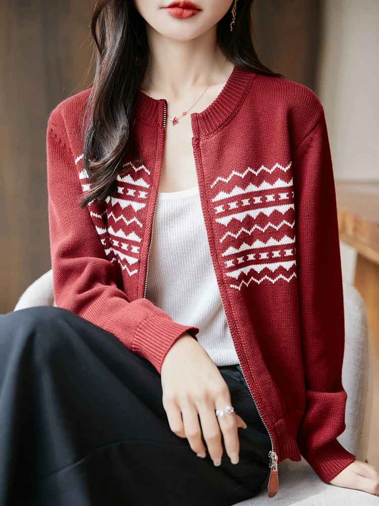 

Autumn Winter round Ne Spliced Knitted Cardigan Women's Double Zipper Design Pure Cotton Long Sve Sweater Outerwear