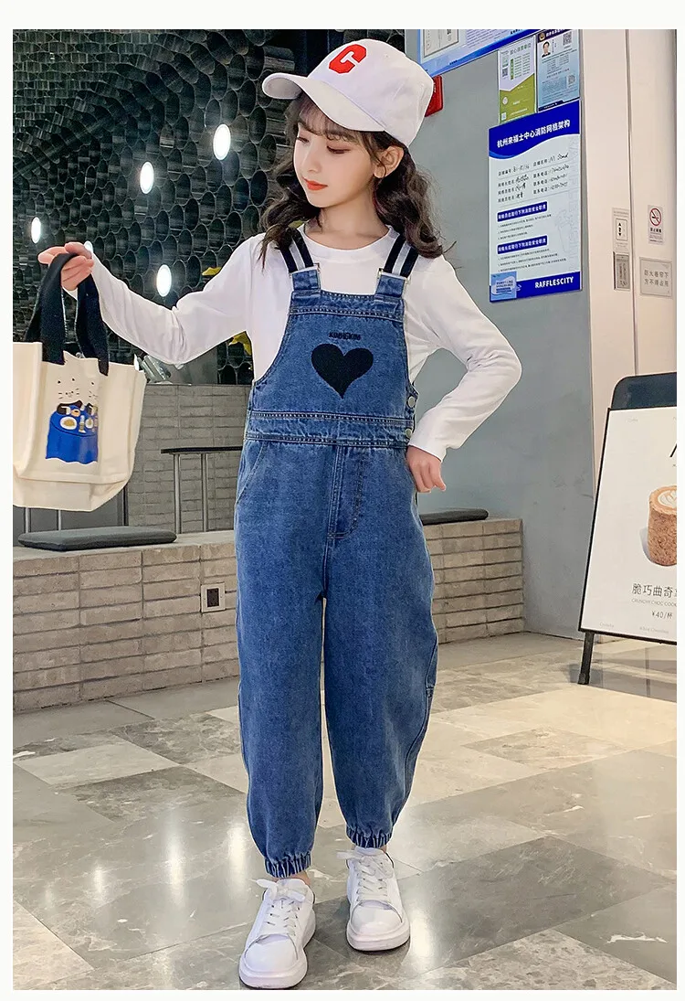 Teen Girls Denim Overalls Autumn Heart Print Girls Suspender Pants Casual Teenage Children\'s Rompers Jumpsuits 6 8 10 12 14 Y