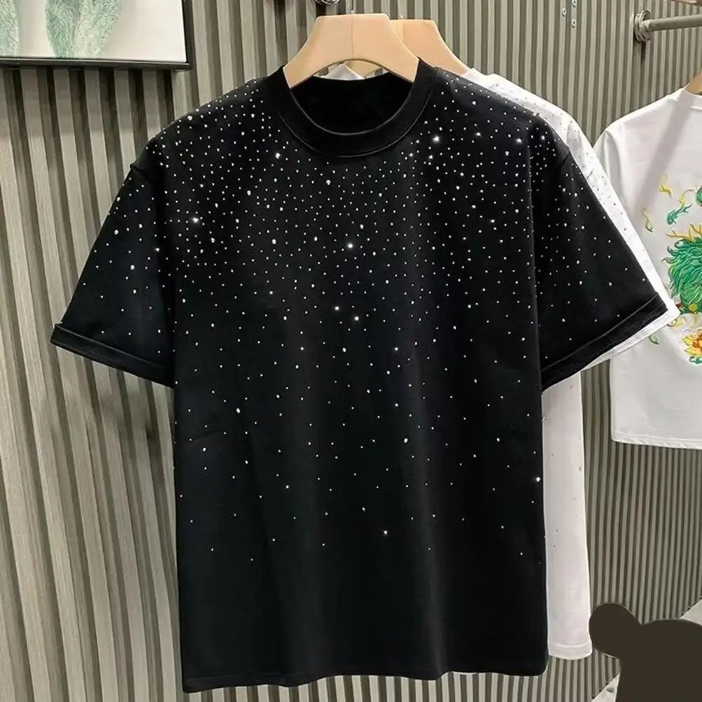 Summer Rhinestone Rivet T-shirt for Men Women Loose Fit Rhinestone Decor Couple T-shirts Short Sleeves Mid Length Unisex Top