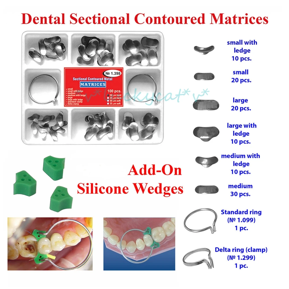 

new useful Dental Matrix Sectional Contoured Metal Matrices Kit No.1.398/2 Rings Full kit for Teeth Replacement Dentist Tools