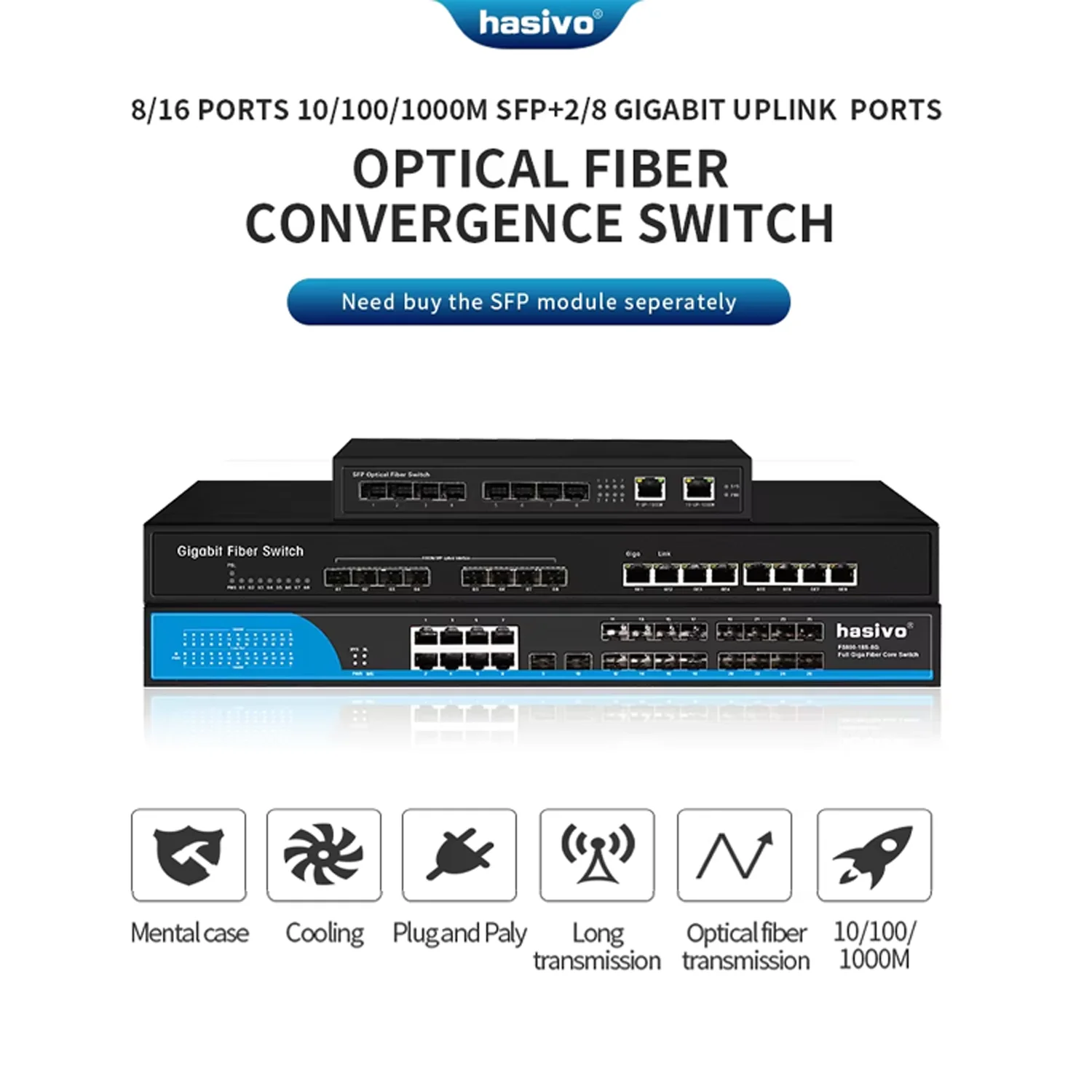 Hasivo Full Gigabit 8 Port SFP Fiber Switch 2/8/10 RJ45 Uplink High Speed Network Switch